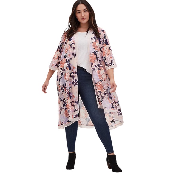 Pre-owned Torrid Peachy Floral Kimono Duster 3 - Picture 1 of 6